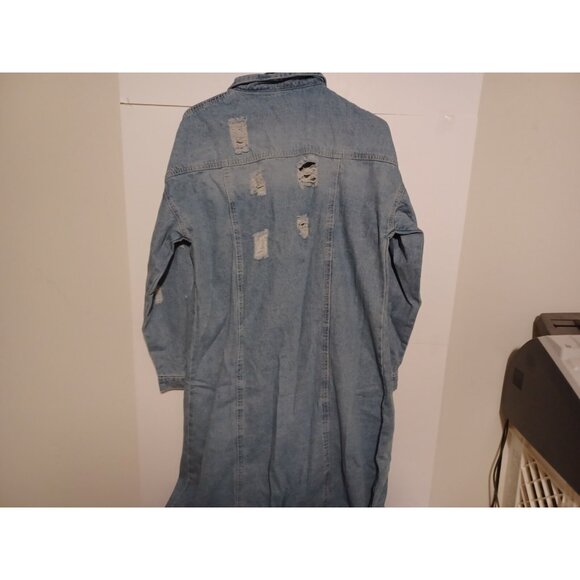 chouyatou Womens Distressed Hole Over Knee  Long Denim Jacket Trench Coat - Picture 8 of 10